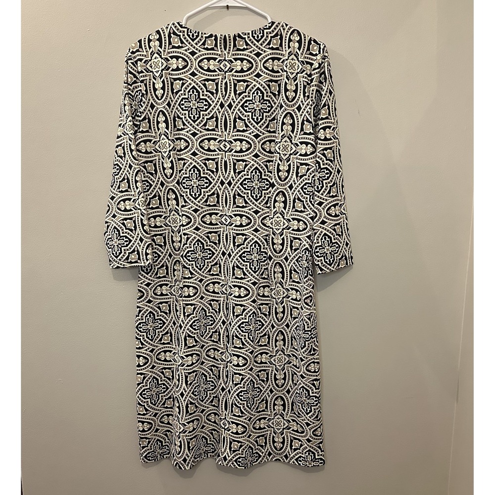 J McLaughlin Tan Black Medallion Stretchy Dress L‎ Catalina Cloth 3/4 Sleeve
